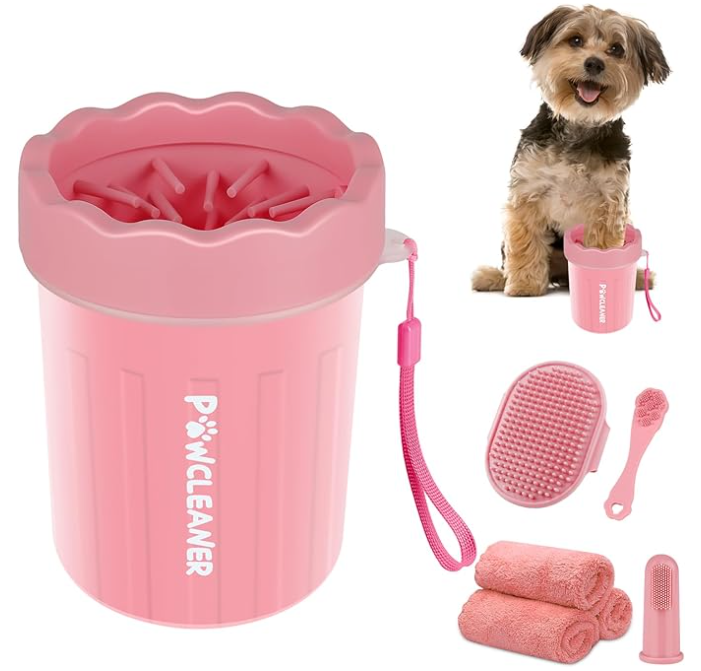 Professional 7 in 1 Dog Paw Cleaner for Dogs & Cats - Includes 1 Portable Paw Washer, 1 Bath Brush, 2 Dog Toothbrushes and 3 Absorbent Towels Note: Fits Paws up to 2 Inches Wide (Small, Black)
